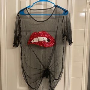 SHEIN Sequin lips sheer oversized tee sz L